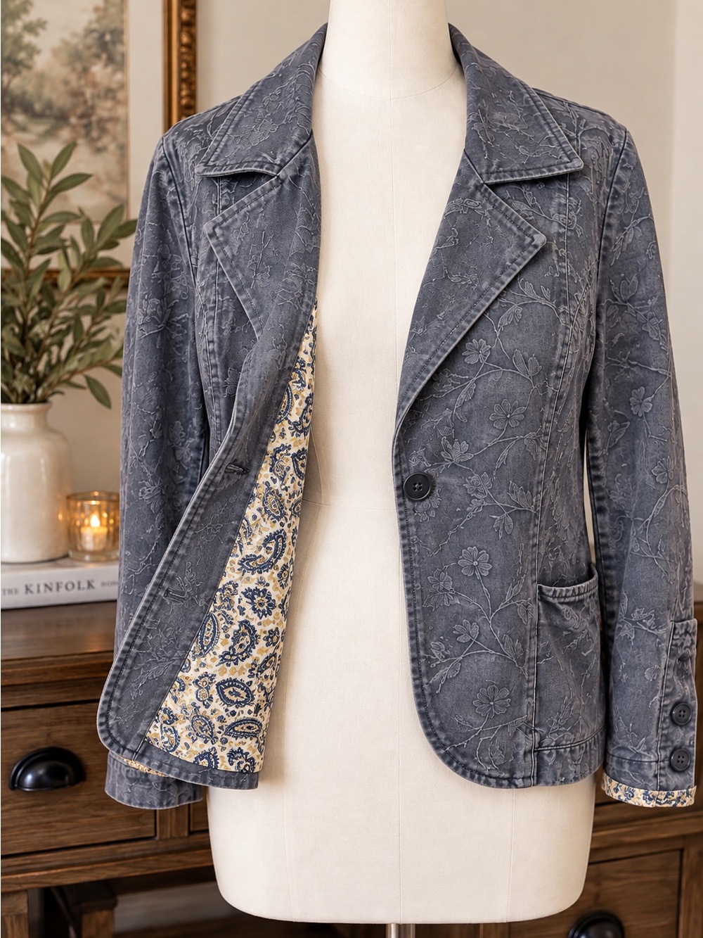 Live a Little 2X Y2K Embroidered Denim Blazer Jacket Boho Floral Retro